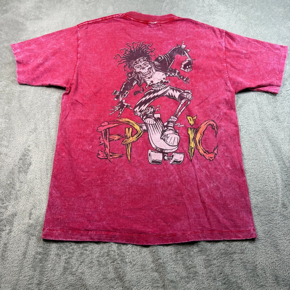 Vintage Epic Skateboard T-shirt Mens Large Red Mineral Wash Punk Skeleton 80 90s